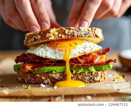 Melty egg yolk avocado bacon sandwich cutscene 126467531