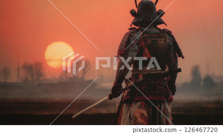 A samurai with a sword against the setting sun 126467720