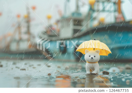 A white Shiba Inu walking with an umbrella (diorama style) 126467735
