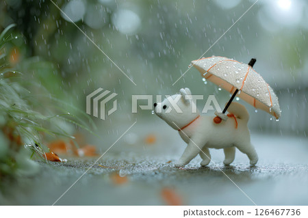 A white Shiba Inu walking with an umbrella (diorama style) 126467736