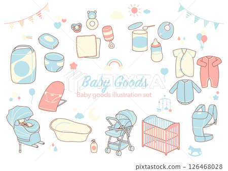 新生兒嬰兒用品插圖集(3色線條) 新生兒嬰兒用品插圖集(3色線條) 126468028