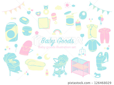 新生兒嬰兒用品手繪插圖集（3 種顏色，無線條） 126468029