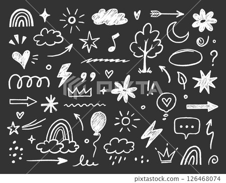 Hand drawn crayon chalk icon set. Cute flower, heart, cloud, star, crown and rainbow in colorful kid scribble style. Tree, house, smile, sun school sketch nature children design. Vector 126468074