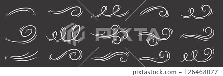 Wind line air swirl vector icon on chalkboard. Hand drawn doodle wind motion, air blow, swirl doodle elements. Sketch drawn air blow motion, smoke flow wave, abstract line. Vector Wind line air swirl vector icon on chalkboard. Hand drawn doodle wind motion, air blow, swirl doodle elements. Sketch drawn air blow motion, smoke flow wave, abstract line. Vector 126468077