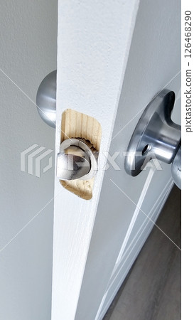 Door Latch Repair with Damaged Wood Frame, Interior Fix, and Home Improvement Project Door Latch Repair with Damaged Wood Frame, Interior Fix, and Home Improvement Project 126468290