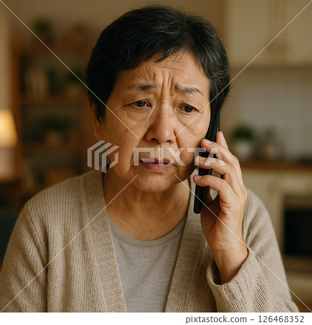 Elderly Japanese woman confused by suspicious phone call 126468352