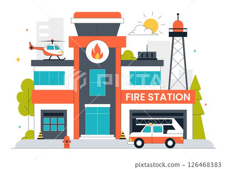 Fire Station Building Vector Illustration Featuring a Department and Fire Engine Car with Firefighters in a Flat Style Cartoon Background 126468383