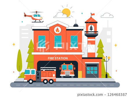 Fire Station Building Vector Illustration Featuring a Department and Fire Engine Car with Firefighters in a Flat Style Cartoon Background Fire Station Building Vector Illustration Featuring a Department and Fire Engine Car with Firefighters in a Flat Style Cartoon Background 126468387