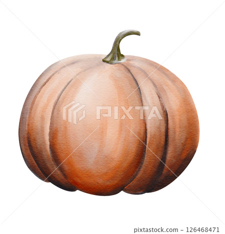 Big orange round pumpkin. Autumn harvest. Ripe vegetable. Homemade natural products. Halloween decor. Harvest festival. Watercolor illustration. Hand drawing. High quality illustration Big orange round pumpkin. Autumn harvest. Ripe vegetable. Homemade natural products. Halloween decor. Harvest festival. Watercolor illustration. Hand drawing. High quality illustration 126468471
