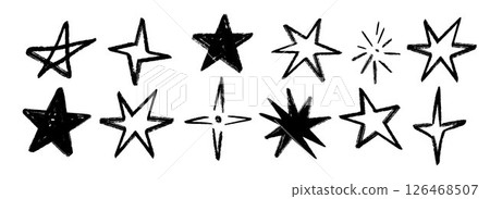 Black crayon hand drawn stars set. Childish doodled sparkles and sparks collection. Grunge rough brush stroke shine element pack for collage, poster, sticker. Kid sketched wax pencil symbols. Vector Black crayon hand drawn stars set. Childish doodled sparkles and sparks collection. Grunge rough brush stroke shine element pack for collage, poster, sticker. Kid sketched wax pencil symbols. Vector 126468507