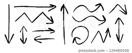 Hand drawn crayon arrow collection. Black curve, zig zag and straight doodle arrows set. Vector pastel pencil, chalk or marker brush stroke elements. Grunge charcoal sketch pointers or direction lines Hand drawn crayon arrow collection. Black curve, zig zag and straight doodle arrows set. Vector pastel pencil, chalk or marker brush stroke elements. Grunge charcoal sketch pointers or direction lines 126468508