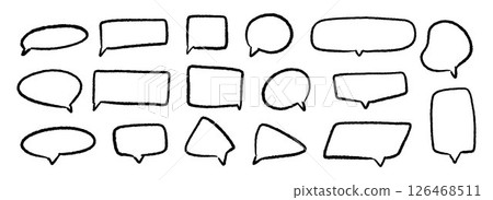 Hand drawn speech bubbles set. Doodled crayon dialog box collection. Sketched textured comic talk frames. Round, square or triangle balloon text box bundle. Chalk pencil chat cloud pack. Vector 126468511