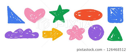 Colorful hand drawn crayon shape set. Bright charcoal geometric doodle collection. Pastel pencil texture form pack for sticker, patch, badge. Childish sketch cloud, arrow, star, heart elements. Vector 126468512