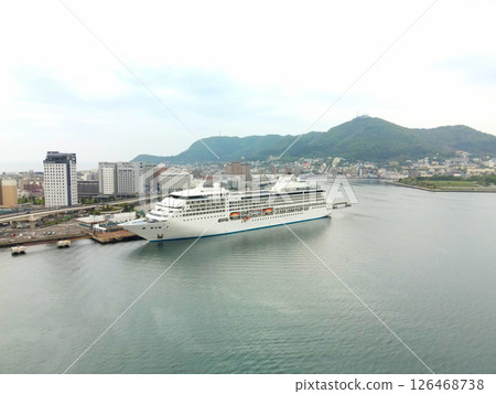 Aerial view of the cruise ship Seven Seas Mariner calling at Hakodate Port in Hakodate, Hokkaido in spring Aerial view of the cruise ship Seven Seas Mariner calling at Hakodate Port in Hakodate, Hokkaido in spring 126468738