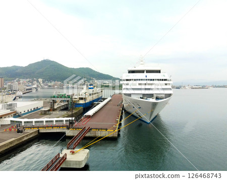 Aerial view of the cruise ship Seven Seas Mariner calling at Hakodate Port in Hakodate, Hokkaido in spring 126468743