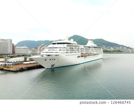 Aerial view of the cruise ship Seven Seas Mariner calling at Hakodate Port in Hakodate, Hokkaido in spring 126468745