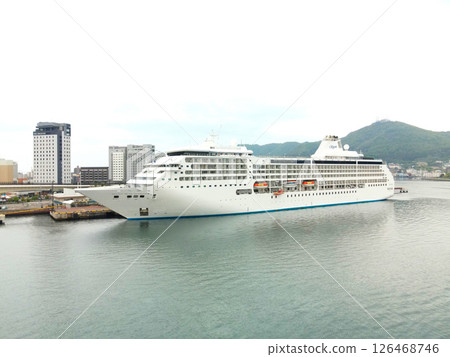 Aerial view of the cruise ship Seven Seas Mariner calling at Hakodate Port in Hakodate, Hokkaido in spring 126468746
