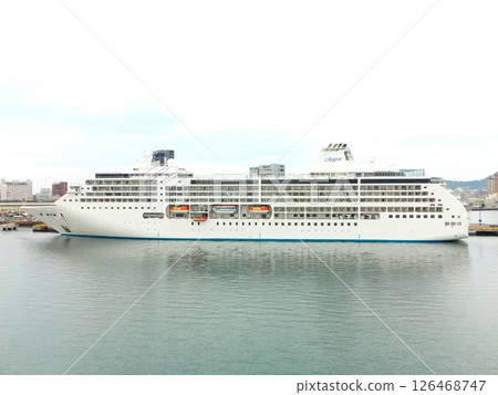 Aerial view of the cruise ship Seven Seas Mariner calling at Hakodate Port in Hakodate, Hokkaido in spring 126468747
