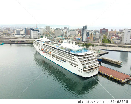 Aerial view of the cruise ship Seven Seas Mariner calling at Hakodate Port in Hakodate, Hokkaido in spring 126468756