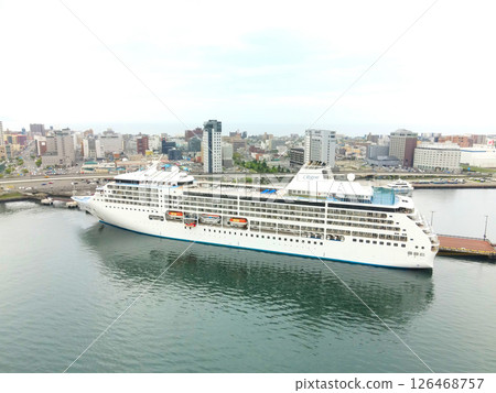Aerial view of the cruise ship Seven Seas Mariner calling at Hakodate Port in Hakodate, Hokkaido in spring 126468757