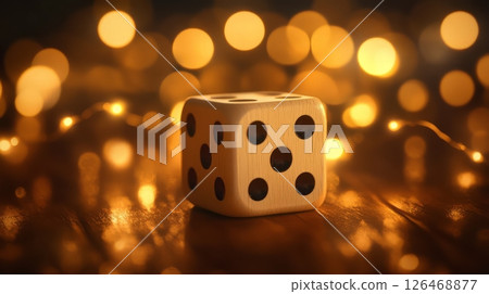 A close-up of a white dice against a blurred golden bokeh background. 126468877