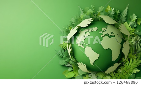 A green globe surrounded by leaves, symbolizing environmental conservation. A green globe surrounded by leaves, symbolizing environmental conservation. 126468880