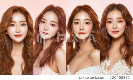 A group of women showcasing diverse hairstyles and makeup styles in a serene setting. A group of women showcasing diverse hairstyles and makeup styles in a serene setting. 126468881