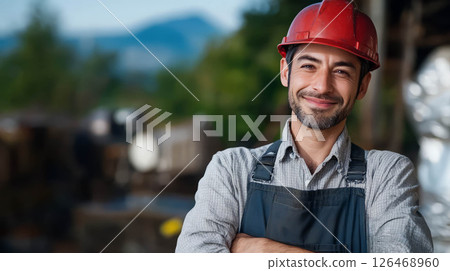 Smiling worker in a helmet, showcasing pride in his craft and dedication to safety. 126468960