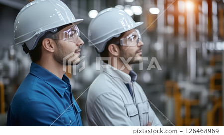 Two engineers observing machines in a modern industrial facility. 126468969