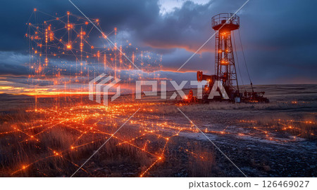 A stunning industrial landscape showcasing a drilling rig against a dramatic sunset. 126469027