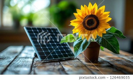 A vibrant sunflower beside a solar panel, showcasing renewable energy and nature. 126469035