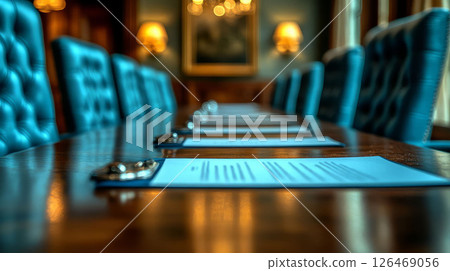 Elegant conference table set for a meeting with documents and chairs in a professional space. 126469056