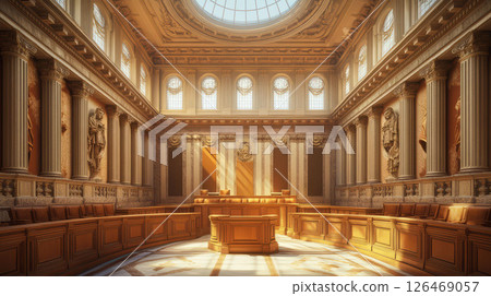 Elegant interior of a grand court room with intricate design and sunlight streaming in. 126469057