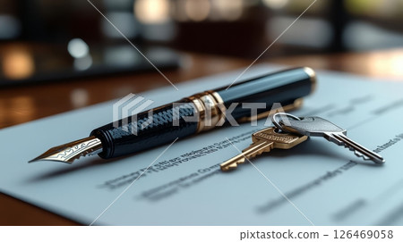 Elegant pen and keys resting on a contract, symbolizing business agreements and trust. 126469058