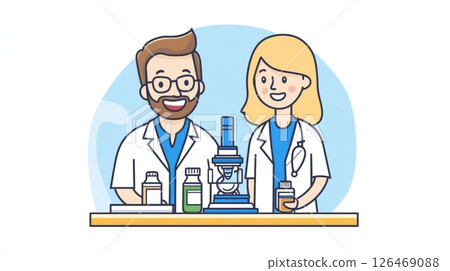 Two scientists working together with a microscope and lab equipment. 126469088