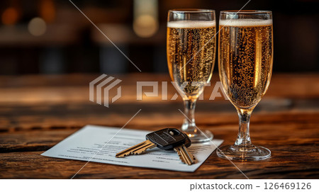 Two elegant champagne flutes on a wooden table with keys and a note. 126469126