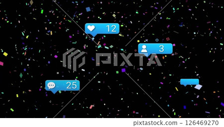 Image of social media notifications over confetti falling on black background 126469270