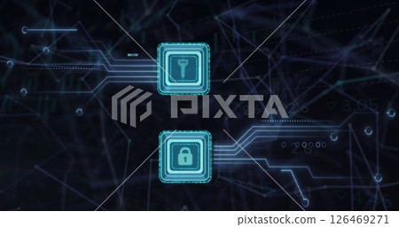 Image of key and padlock icons, circuit board and data processing over black background Image of key and padlock icons, circuit board and data processing over black background 126469271