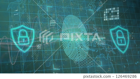Image of biometric fingerprint with data processing over dark background 126469286