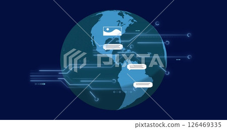 Image of computer circuit board over globe with icons on blue background 126469335