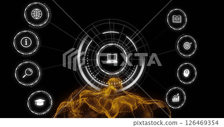 Image of network of connections with icons over black background 126469354