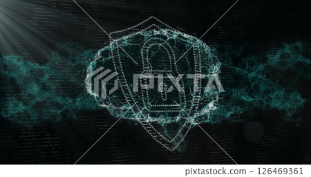 Image of shield with padlock icon over digital brain on black background 126469361