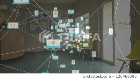 Image of network of connections with computer and smartphone icons, data processing over school Image of network of connections with computer and smartphone icons, data processing over school 126469396