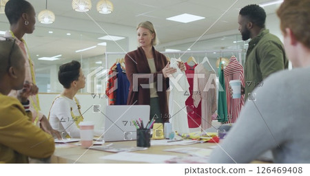 Image of financial data processing over diverse business people in office 126469408