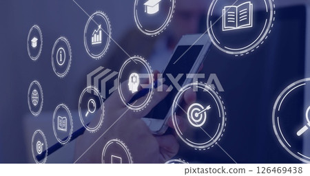 Image of icons and data processing over caucasian businesswoman using smartphone 126469438