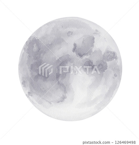 Full moon. Big round white moon with grey spots. Watercolor illustration isolated from background. Hand drawing. spots, stains. Realistic romantic illustration. High quality illustration 126469498