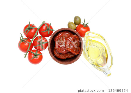 PNG, olives, tomato, olive oil and sun-dried tomato, isolated on white background. 126469554