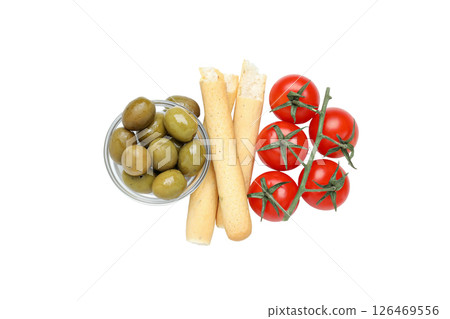PNG, olives, tomato and bread, isolated on white background. 126469556