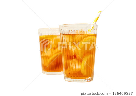 Two clear glasses of iced tea filled with lemon slices are refreshing, isolated on white 126469557