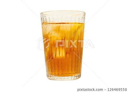 Chilled iced tea served with ice in a transparent glass, isolated on white 126469558